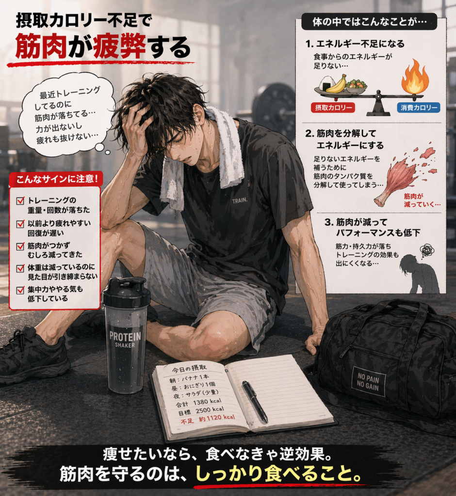 摂取カロリー不足にて疲弊している画像
